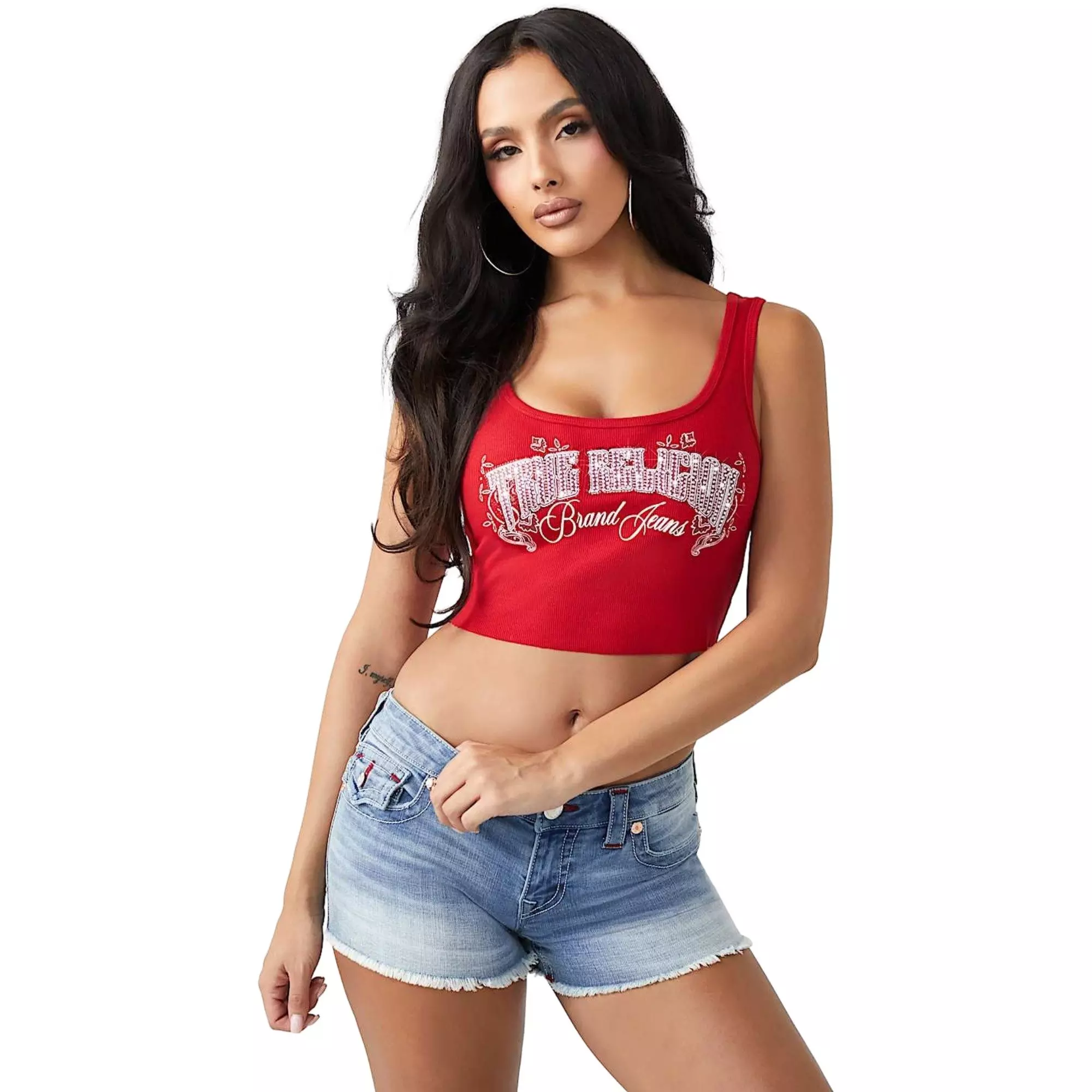 TRUE RELIGION レッド タンクトップ ラインストーン True Religion Women's Crystal Bandana Ribbed Tank